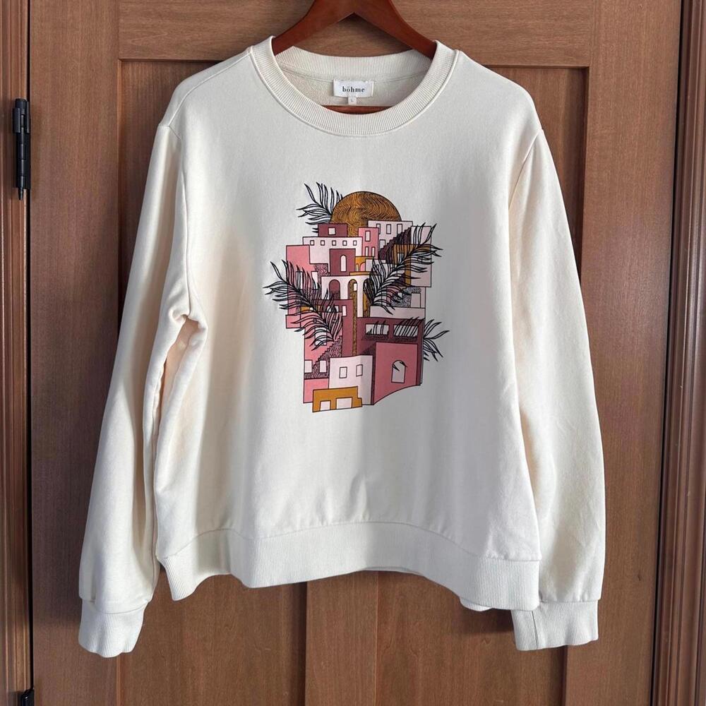 Bohme Graphic Crewneck Pullover Sweatshirt Ivory Cotton Women’s size Large